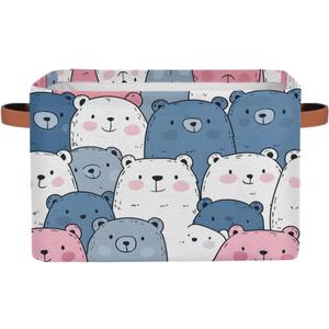 Cute Storage Bins for Organization, Canvas Book Storage Bins Handles, Bedroom Shelves Decorative Baskets for Organizing, Fabric Cube Bin Classroom Dorm Closet Organizer Box (Cute Bear)