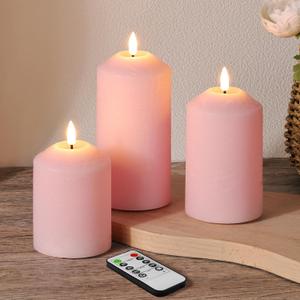 Pink Flameless Pillar Candles with Remote, Real Wax LED Candles Battery Powered Flickering Set of 3