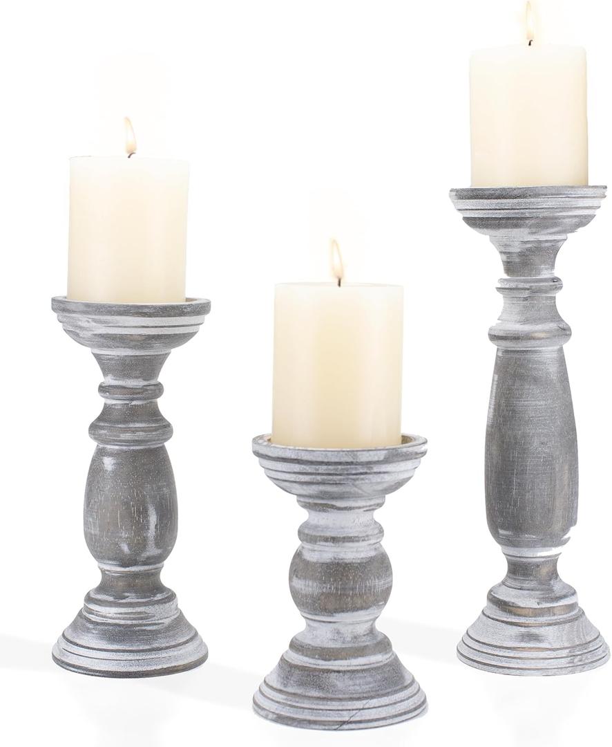 Rustic Wooden Pillar Candle Holders Set of 3, 12'' 9'' 6'' Farmhouse Wood Candle Stand for Table Centerpieces, Vintage Tall Candleholders Fireplace Mantel Decor for Living Room, Grey