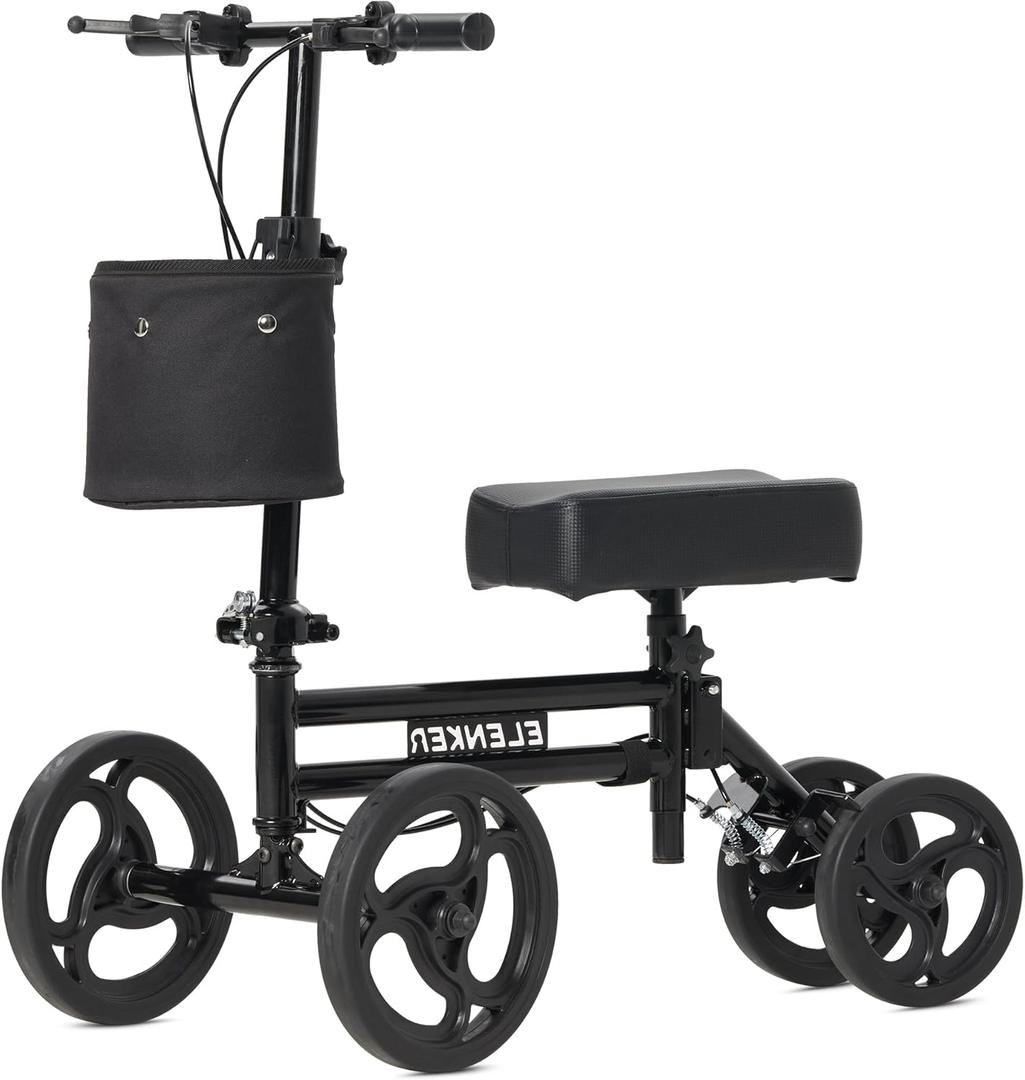 ELENKER Adjustable Steerable Knee Scooter for Foot Injuries Ankles Surgery Medical Knee Walker Crutches Alternative Black (Bright Black)