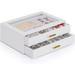 AKOZLIN Jewelry Box with Clear Lid Functional Leather Jewelry Storage Organizer Case 2 Drawers for Women Girls Necklace Ring Bracelet Earring (White-White)