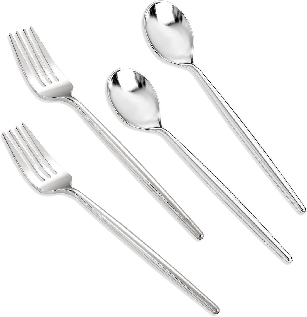 SUT 100Pcs Silver Plastic Silverware - Plastic Spoons and Forks, Disposable Silverware, Plastic Cutlery Set,50 Gold Plastic Forks, 50 Gold Plastic Spoons for Catering, Parties, Dinners, Weddings