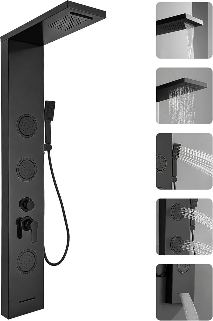 Homevacious Shower Panel Tower System Rainfall Waterfall Shower Head 3 Massage Body Jets Handheld Shower Head and Tub Spout Wall Mounted Multi-Function Bathroom Shower Panel Matte Black