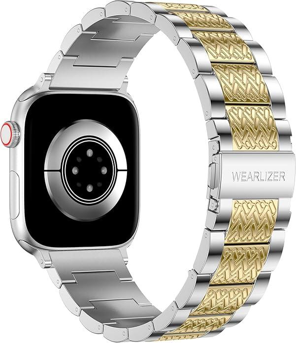 Wearlizer Stainless Steel Band Compatible with Apple Watch Band, Men Women, Zigzag Weave Durable Metal Strap for iWatch, Size: 38/40/41/42mm(Series 11 10), StarLight&Gold
