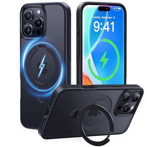 CASEKOO Ultra-Magnetic Stand for iPhone 16 Pro Case [Military Drop Protection] [Compatible with MagSafe] Shockproof Translucent Matte Slim Ring Holder Case for iPhone 16 Pro 6.3", Black