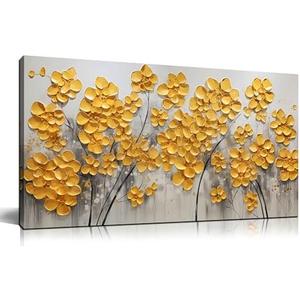 SKYRISE Abstract Gold Yellow Floral/Flower Wall Art Decor for Living Room, Modern Canvas Art Decorative-Picture Print Artwork for Bedroom Office, Size 40x20 Inches