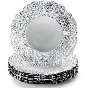 Coloch Set of 12 Plastic Charger Plates, 13" Reusable Reef Serving Chargers for Dinner Plate Round Shiny Decorative Charger Plate for Wedding, Catering, Parties, Restaurant, Home Dinner Use (Silver)