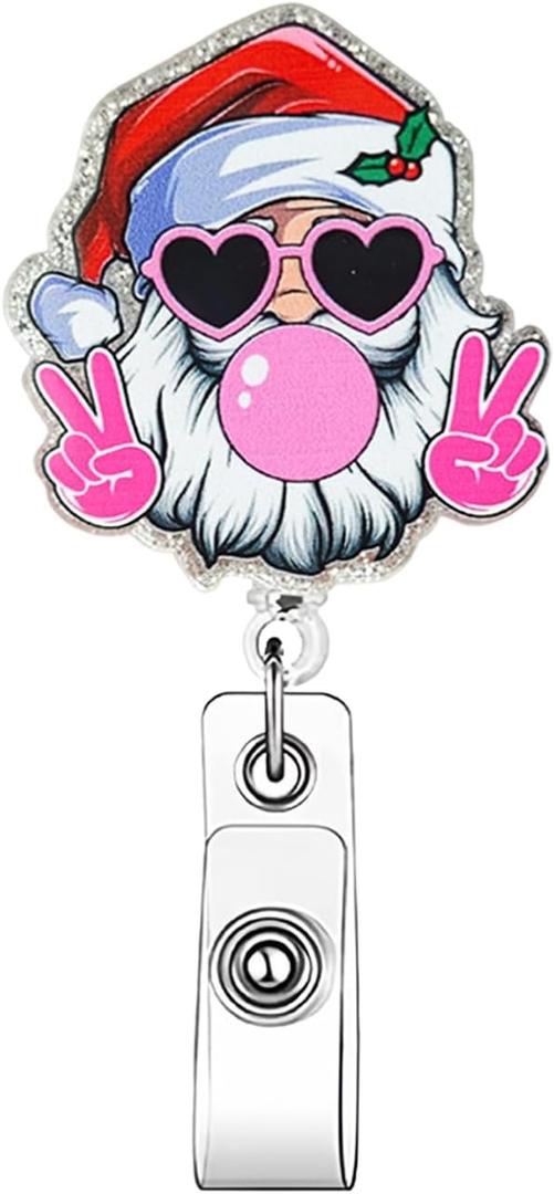 Cute Funny Santa Claus Badge Reel Christmas Badge Clips Work ID Badge Holder with Retractable Clip Winter Xmas Badge Reels Retractable Holiday ID Card Holder for Nurse Doctor Teacher Student Worker