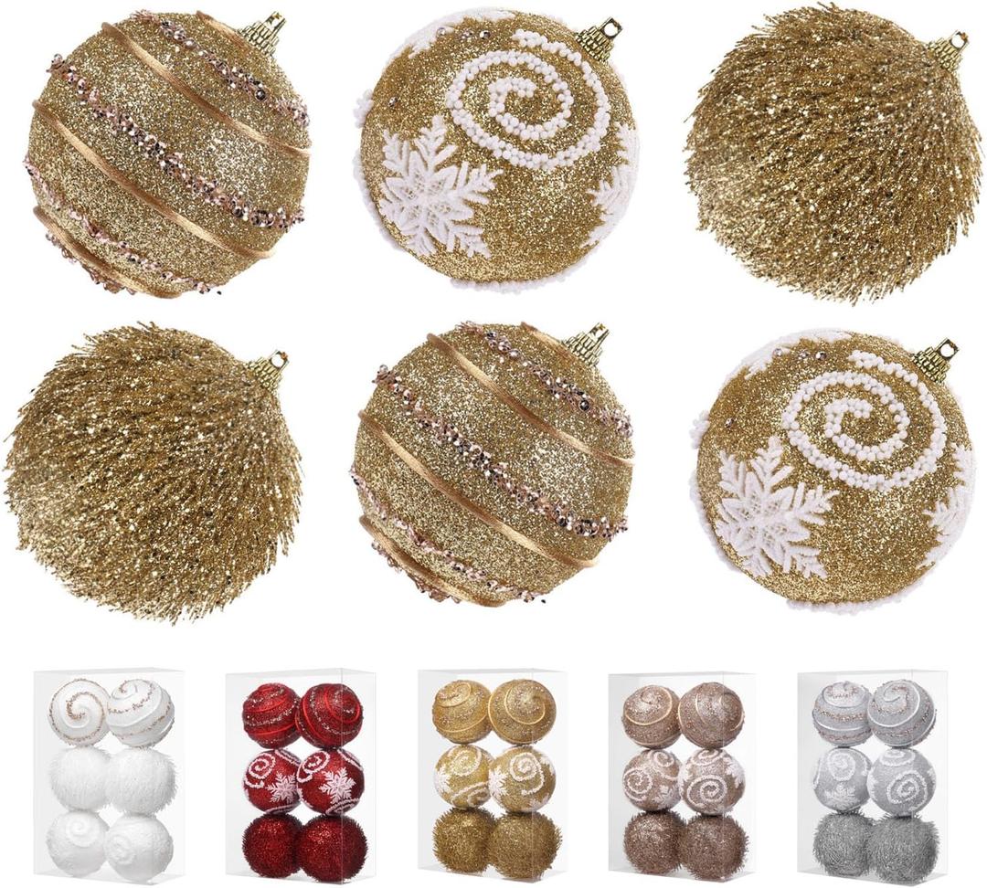 3.15" Large Christmas Ball Ornaments Shatterproof Sparkle Ornaments for Christmas Tree Large Sequin Plastic Hanging Big Tinsel Ball, 6Pcs 80mm (Gold) (Gold)