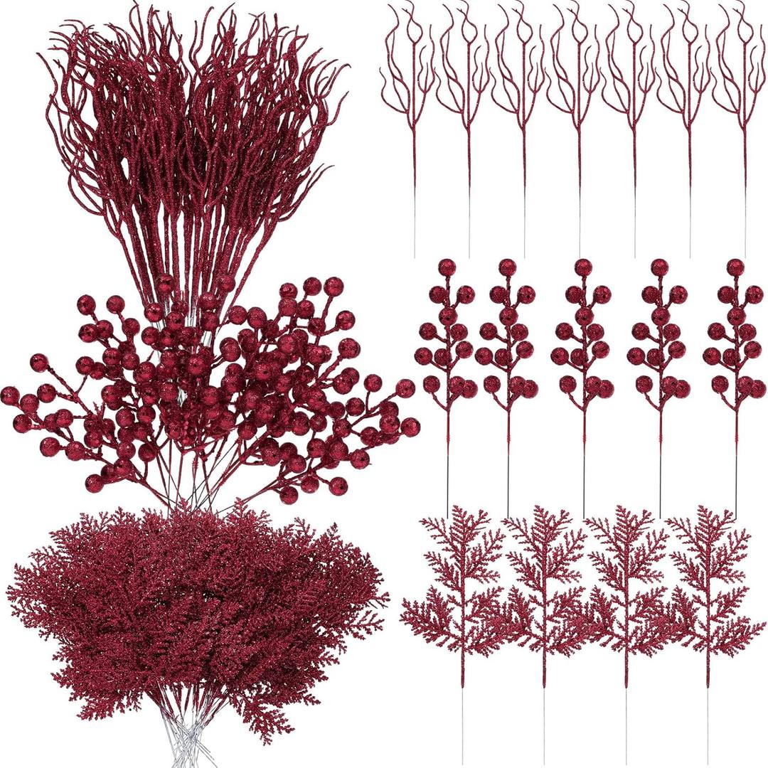 Craftsatin 75 Pcs Christmas Glitter Branches 3 Styles Artificial Christmas Picks Berries Stems Pine Needles Floral Twig Spray for Xmas Tree Ornaments DIY Wreath Garland(Burgundy)