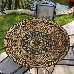 Round Fitted Tablecloth with Elastic Edge, 36"-60" Waterproof Stain Resistant Table Cover for Indoor, Outdoor, Picnic, Dining, Camping, Party, Holiday, 52inch, Golden Mandala