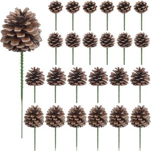 24 Pieces Christmas Pine Cones Decorations, Various Sizes Natural Pine Cones with Wired Picks, Natural Pinecones for Christmas Tree Decoration Garland Wreath Ornaments Home Decor(Natural)