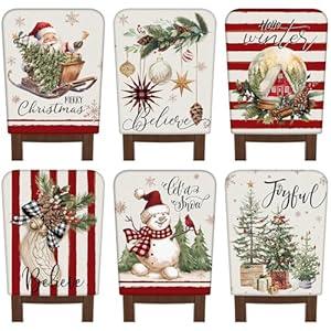 6 Pcs Christmas Chair Covers Christmas Chair Back Covers Xmas Chair Protector Slipcovers Washable Winter Dining Room Seat Covers for Home Hotel Kitchen Decorations 