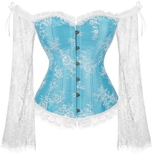 SZIVYSHI Corset Tops for Women with Sleeves, Bustier Overbust Lace Up Bodice Lingerie, Vintage Steampunk Strapless Shirt (M, Light Blue)