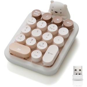 Cute Wireless Numeric Keypad with Silicone Bear, Colorful Round Keycaps, 2.4G USB Wireless Connection, Portable Financial Accounting Numpad Number Keyboard, Suitable for PC, Laptop (MilkTea)