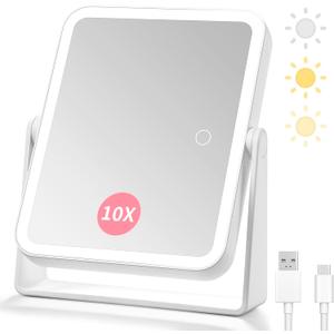 DESCHEN Rechargeable Travel Makeup Vanity Mirror with Lights and Magnification, Portable 10X/1X Magnifying Mirror with 360 Rotation LED Mirror (White)