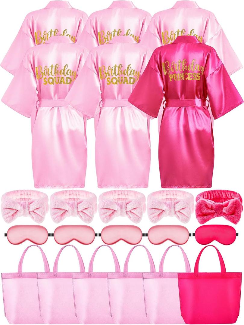 Sintuff 24 Pcs Girls Spa Party Supplies for Sleepover Birthday 6 Spa Robes Slumber Party 6 Tote Bags 6 Headbands 6 Masks(Size 12,Rose Red Birthday)