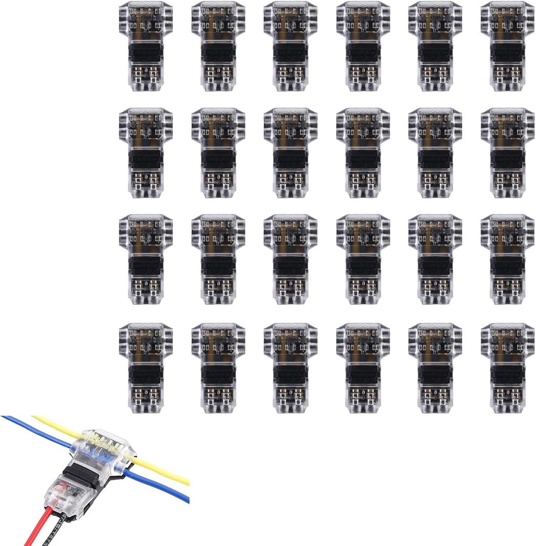 Low Voltage T Tap Connectors - 3 Way 2 Pin, No Wire Stripping, Solderless Wire Splice - 24 Pack (14-18 AWG)