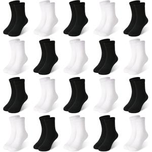 20 Pairs Toddler Kids Crew Socks - Boys Girls Athletic Mid Calf Cut for School, 1-13 Years (#2 Black,white)