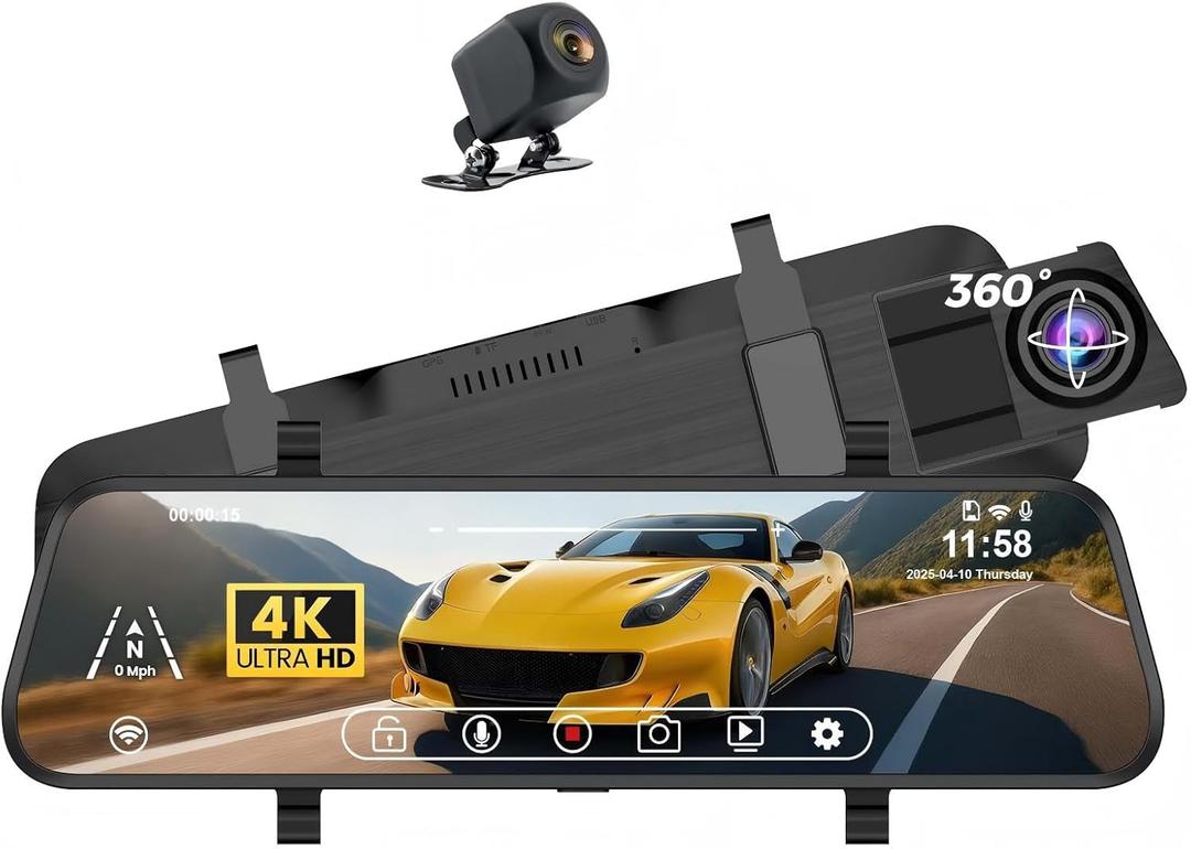 4K Mirror Dash Cam Front and Rear, 10'' Touch Screen Rear Digital View 1080P Mirror Camera for Cars, 170 Night Vision, WDR, 24H Parking Monitoring/Rerverse Assist/Trucks with Voice Control/G Sensor