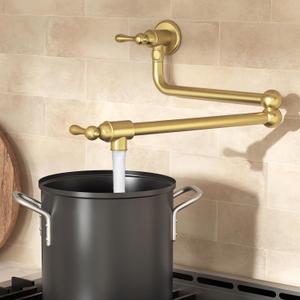 KES Brushed Gold Pot Filler Faucet with Heat-Resistant Cartridge, 26'' No Lead Vintage Pot Filler Faucet with Double Joint Swing Arm, Wall Mount, 18/8 Stainless Steel, KN928S24LF-BZ