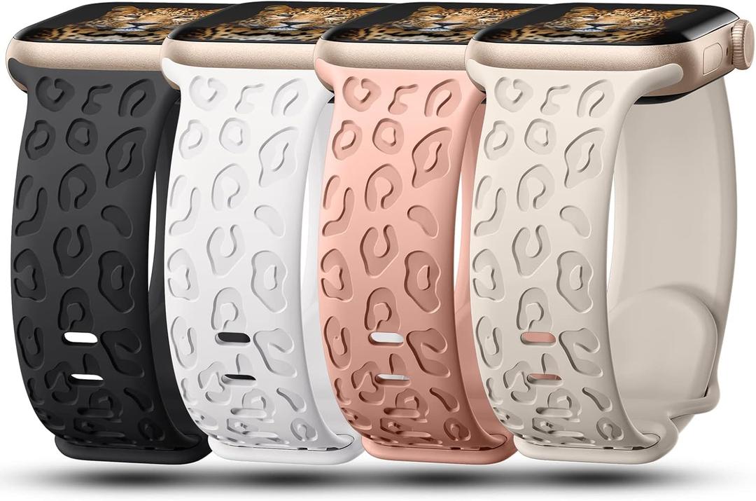 4Pack Leopard Engraved Bands Compatible with Apple Watch Band for women 40mm 41mm 42mm 38mm 44mm 45mm 46mm 49mm, Soft Silicone Cheetah Sport Strap for iWatch Series 10 9 8 7 6 5 4 3 2 1 Ultra/2 SE (Black,StarLight,Sand Pink,White)