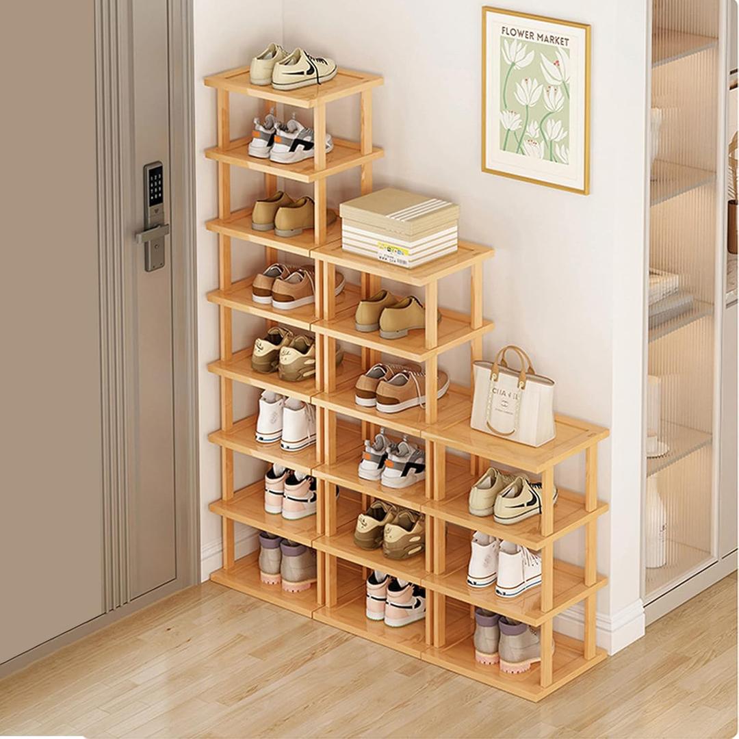 SAN HE Bamboo Shoe Rack 17 Tier- Vertical Shoe Rack for Small Spaces, Tall Narrow Shoe Rack Organizer for Closet Entryway Corner Garage and Bedroom,Skinny Shoe Shelf with Free Stackable DIY (Original Color)