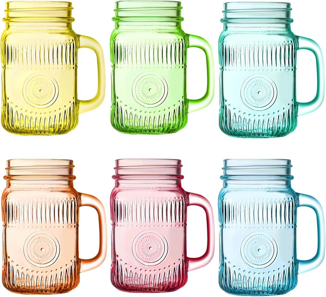 Amzcku Vintage Colored Drinking Glass Mason Jar 16 OZ with Comfortable Handle for Party Beverages 6 pcs