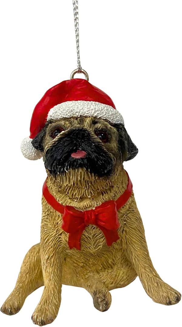 Yuletide Designs Dog Figurine Christmas Ornaments with Santa Hats (Pug - Fawn)