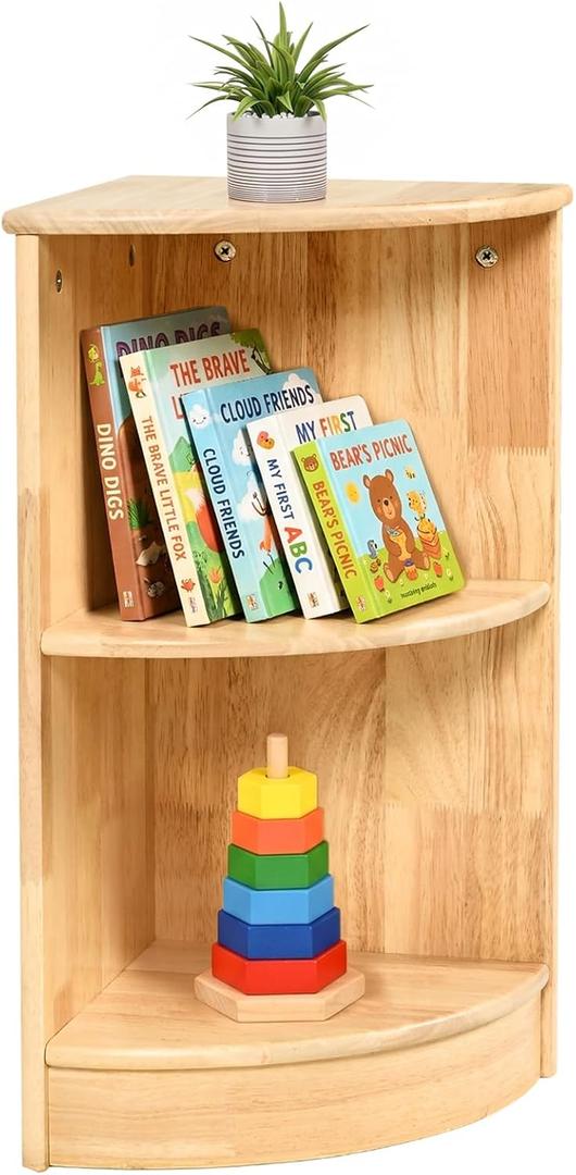 WINGYZ Rubber Wood Corner Cabinet, 2-Tier Montessori Shelf, 2 Shelf Bookcase Toy Storage Organizer, Montessori Bookshelf for Kids Rooms, Classroom, Playroom, Nursery, Daycare, Child-Safe, 11.8"D x 11.8"W x 23.6"H