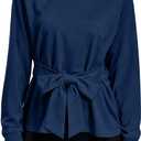 Women's Long Sleeves Shirt Tops Crew Neck Tie Knot Sweatshirt Tops Casual Fall Loose Fit Cropped Top Pullover (Blue, L)