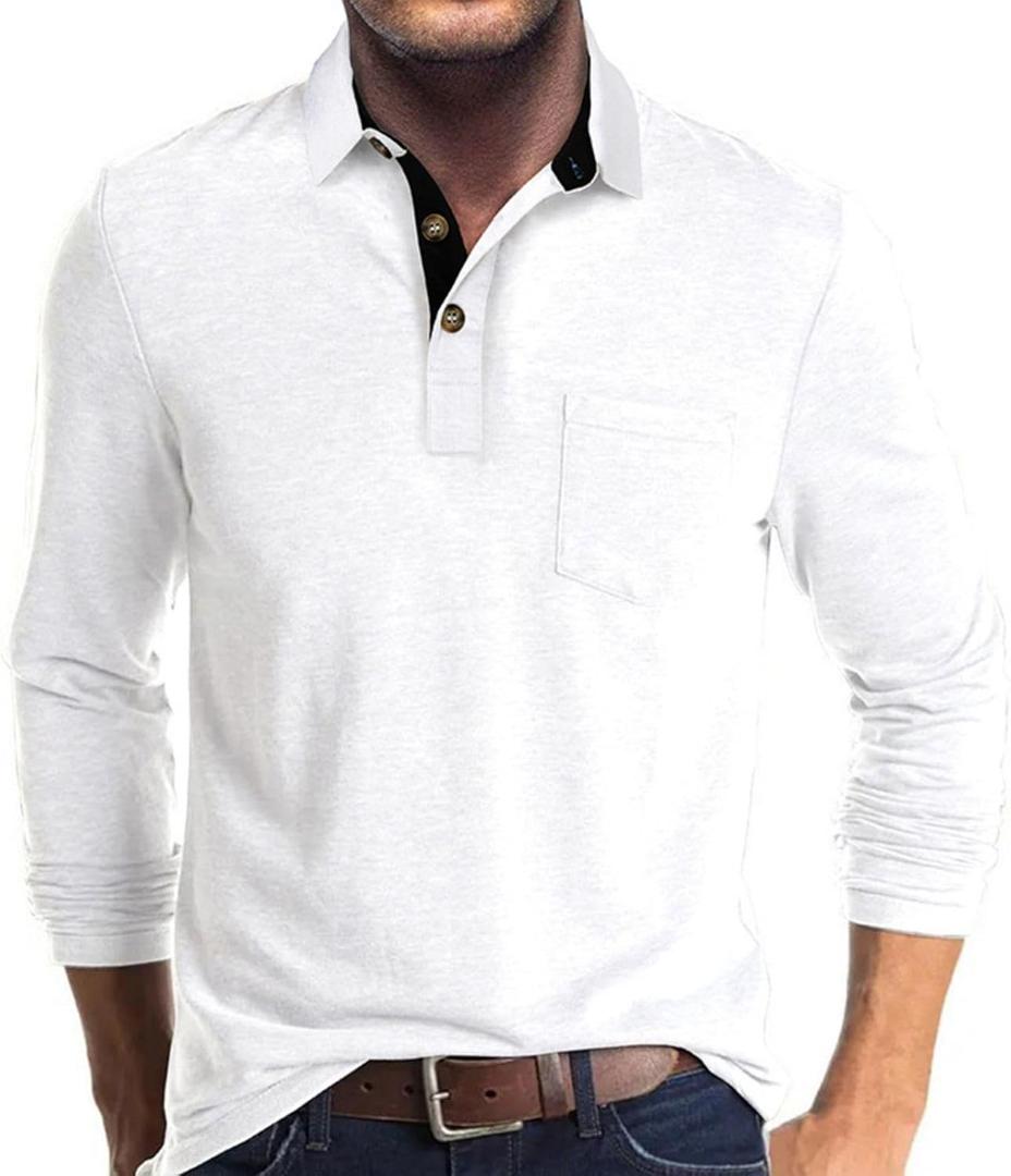 Men's Casual Polo Shirts Classic Button Basic Long Sleeve Shirt Solid Color Cotton Tees Stylish Tops (Large, White)
