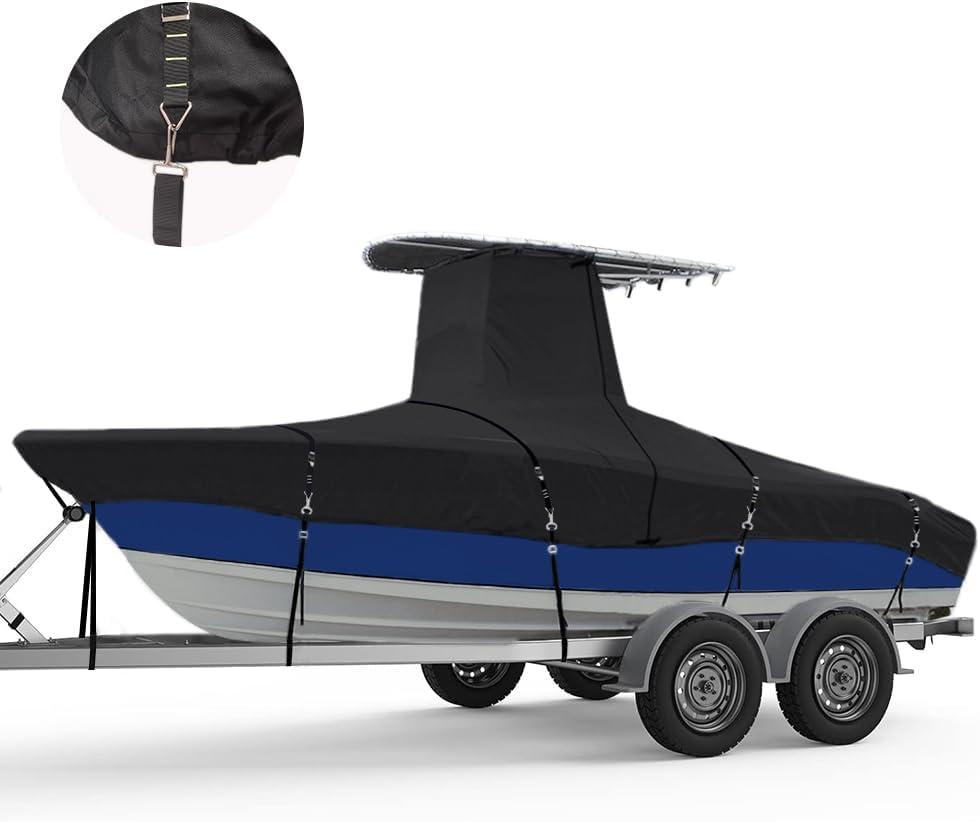 900D Marine Grade Fade and Tear Resistant Trailerable T-Top Boat Cover, Heavy-Duty Waterproof and UV-Proof TTOP Boat Storage Cover (Black, 22'-24' Long, Beam Width up to 108" W)