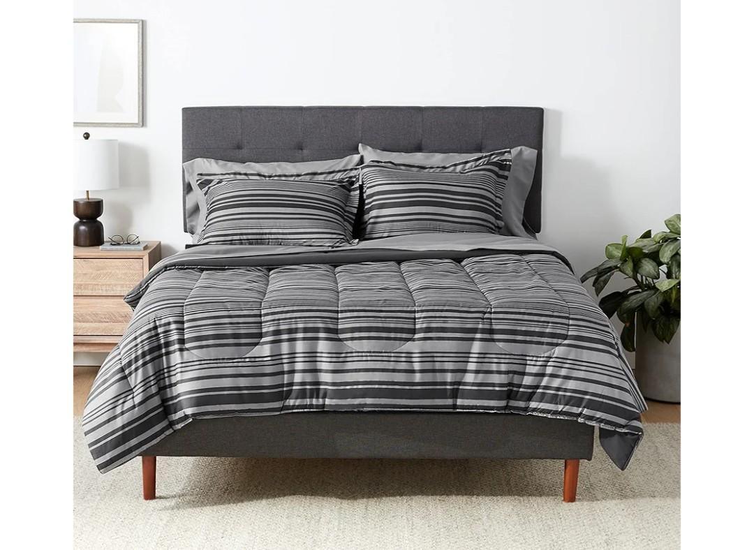 Amazon Basics Full/Queen Comforter Set with Sheets, 7-Piece Gray Calvin Stripe Bedding, Lightweight Microfiber Bed-in-a-Bag, Striped
