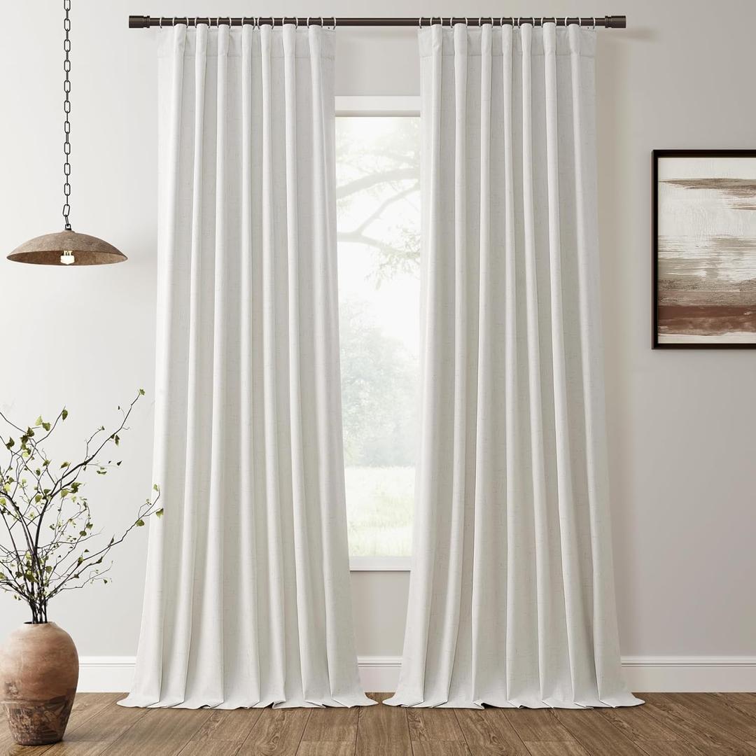 100% Blackout Curtains for Bedroom 84 Inches Long 2 Panels Faux Linen Curtains Black Out Thermal Insulated Summer Window Drapes Natural Pleated Look Back Tab Hook Belt Rod Pocket Ivory Beige 52x84