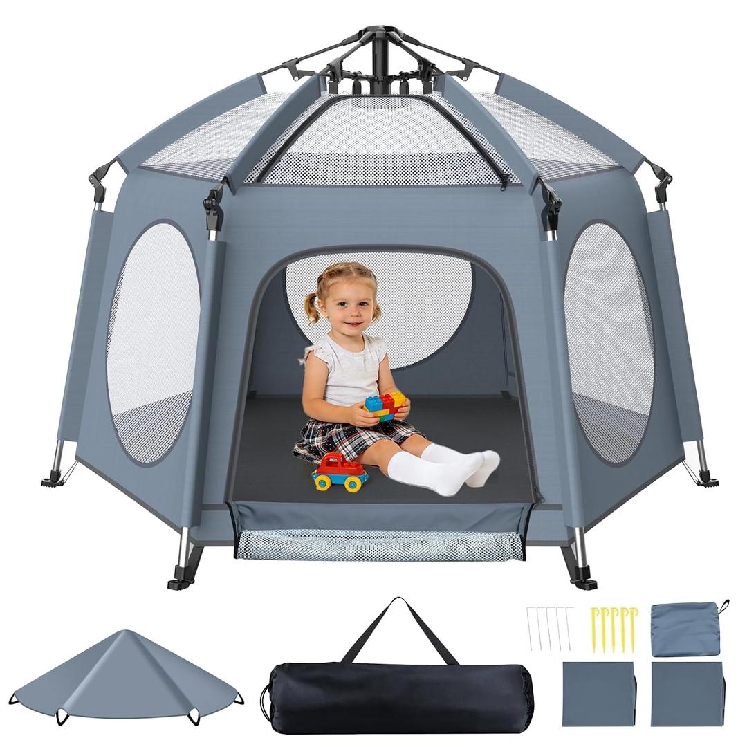 Pop Up Baby Playpen, Instant Setup Anti-Tipping Playard with UV Canopy & Mosquito Net, Portable Indoor Outdoor Beach Play Yard Travel Crib with Carry Bag, Grey