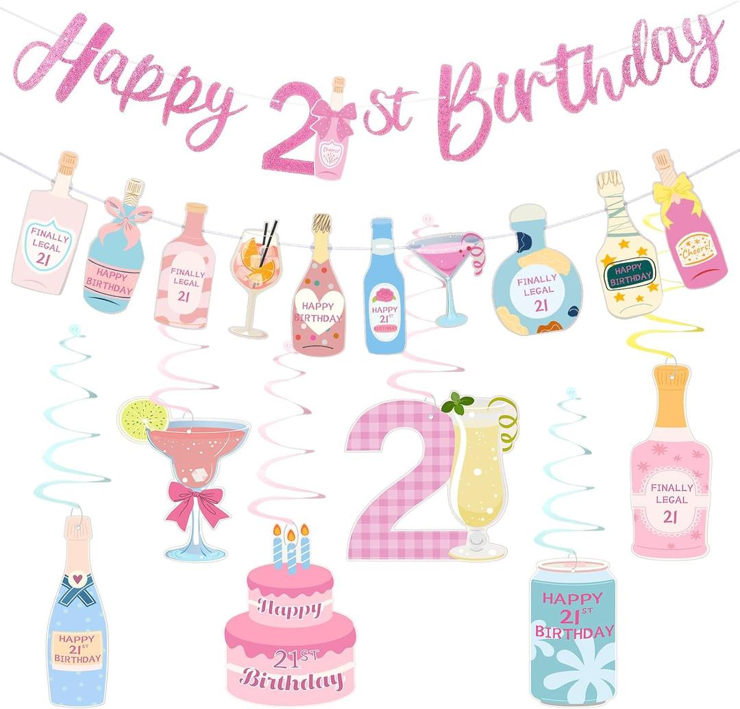 Hahafelt 21st Birthday Decorations Champagne Wine Bottle Martini Banner Swirls Glitter Happy 21st Birthday Banner Decorations Happy Bday Party Twenty-one Year Old Decor for women men(Cute)