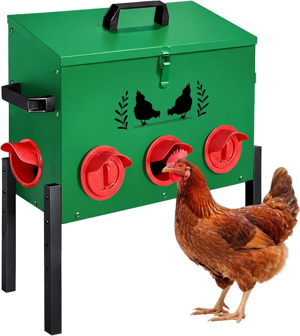 48 LB Large Automatic Chicken Feeder, No Waste Metal Poultry Feeder with 8 Ports, Weatherproof Outdoor Dispenser with Adjustable Legs & Locking Lid for Backyard Chickens, Green