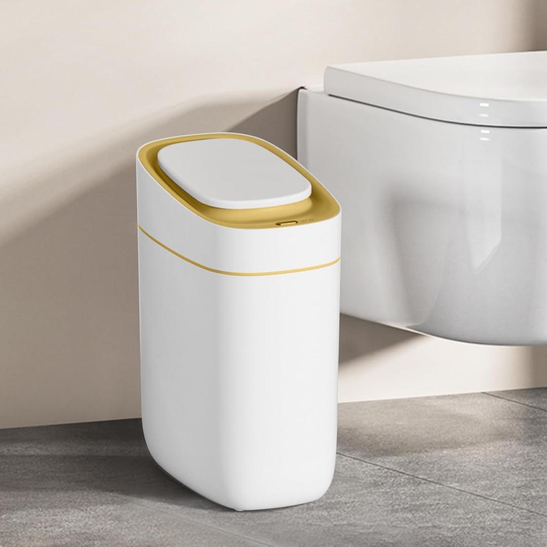 ELPHECO Automatic Bathroom Trash Can with Lid 2.5 Gallon Slim Sensor Garbage Can, 9L Narrow Plastic Trash Bin, Waterproof Motion Sensor Trash Bin for Bedroom, Living Room, Narrow Space, Golden