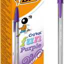 BIC Cristal Fun, Ballpoint Pens, Smudge-Proof Writing Pens and Wide Point (1.6 mm), Ideal for School, Purple Ink, Pack of 20