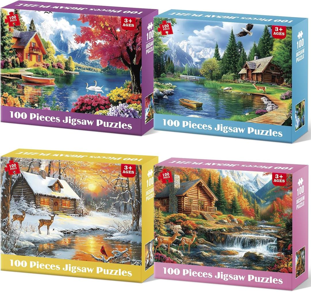4-Pack 100 Piece Puzzles for Adults 4 Seasons Country Cottages, 15 x 10 inches