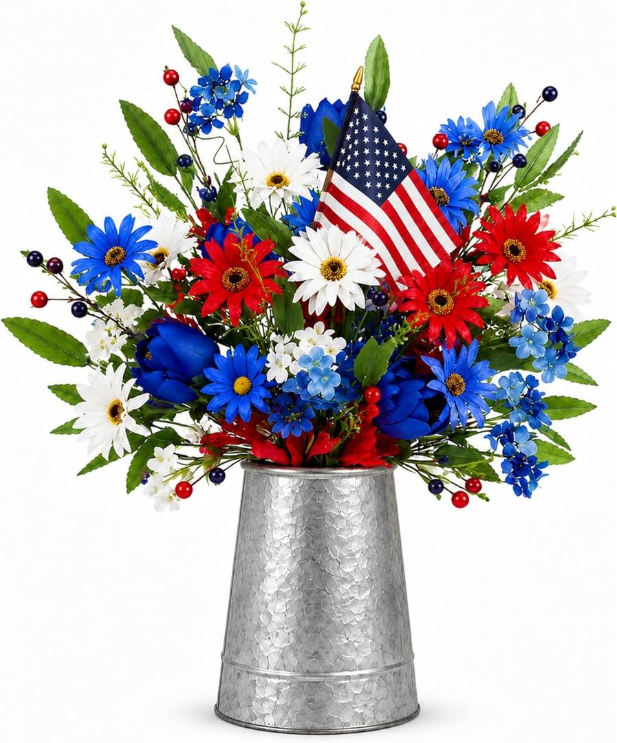 Lyrow 8 Pack Patriotic Artificial Flowers Red White and Blue 4th of July 250th Anniversary Artificial Daisy Flowers Pick Stems, Memorial Day Table Centerpieces for Veterans Day Home Arrangement