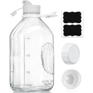 Syntic 2 Qt Glass Milk Bottle with Reusable Strong Airtight SCREW LID, 64 Oz Glass Juice Bottles for Almond Milk, Oat/Nut Milk 0.5 Gal Water Bottle with 2 Exact Scale Lines, Extra Handle AND Cap！