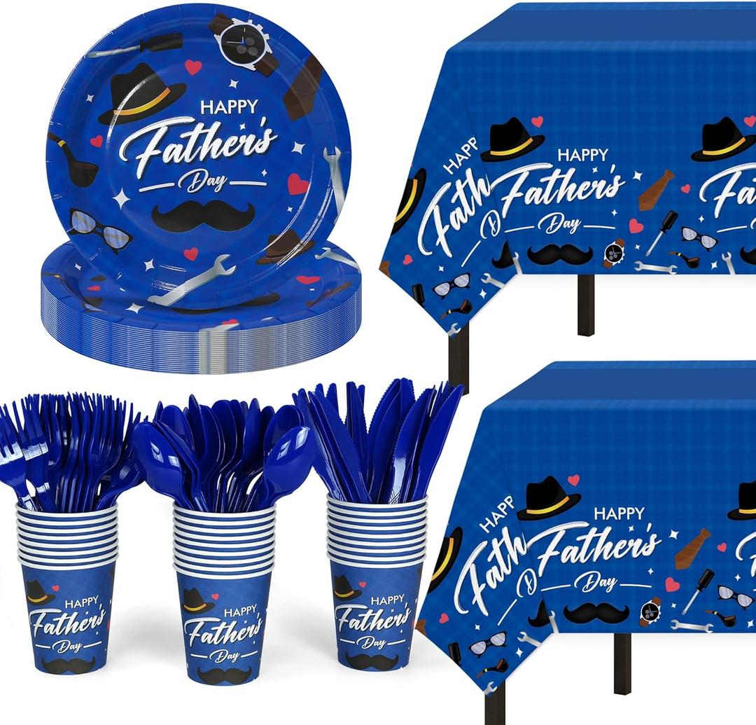 Childom Fathers Day Decorations for Party,132 Pcs Disposable Fathers Day Plates Tablecloth Cups Knives Spoons Forks for Party Supplies,Plates Tableware for Dads Birthday,Home,Brunch,Dinner,Serves 26