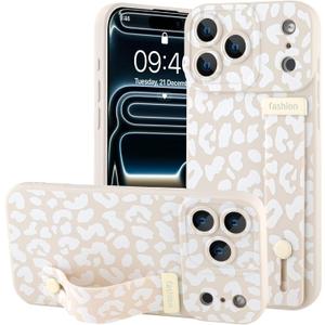 OOK Compatible with iPhone 17 Pro Leopard Case with Wrist Strap, White Leopard Cheetah TPU Shockproof Protection Slim Cover with Camera Protection for Women Girls, for 6.3inch