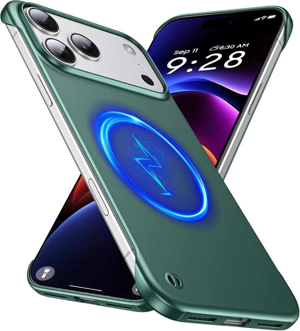 Magnetic Ultra Thin Frosted Designed for iPhone 17 Pro Max Frameless Case 6.9 inch [Compatible with MagSafe] Slim Minimalist Lightweight Matte Hard Cover Protective Borderless Case-Dark Green