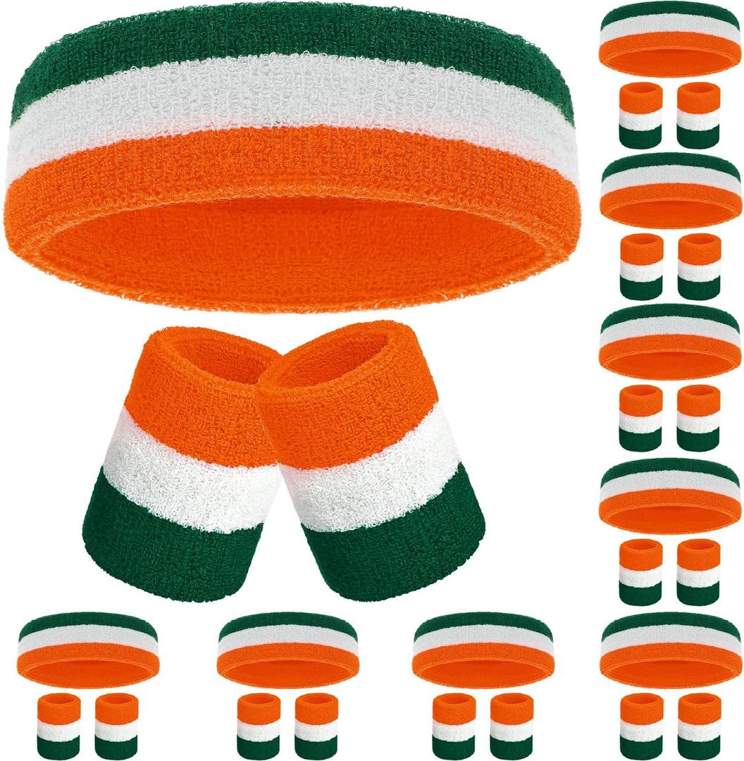 Bememo 30 Pcs Neon Striped Sports Sweatbands Set Include 10 Headbands, 20 Wristbands Terry Cloth Athletic Bands for Men, Women, Gym, Sports-Green, Orange, White