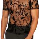 WDIRARA Men's Floral Print See Through Round Neck Short Sleeve Mesh Tshirt Party Top (Medium, Black)