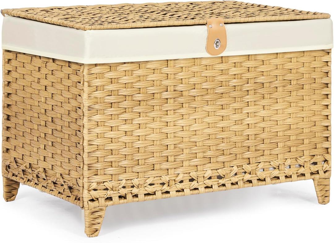 Honjourai Wicker Storage Basket with Lid,Rattan Shelf Basket with Removable Liner Bag,200L Storage Bin,Storage Trunk with Heightened Feet,Storage Container for Wardrobe,Home Organizer