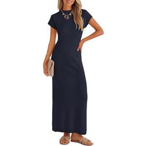 ZESICA Womens Summer Bodycon Maxi Dress 2026 Business Casual Short Sleeve Crewneck Knit Slit Spring Sweater Dresses (Blue, S)